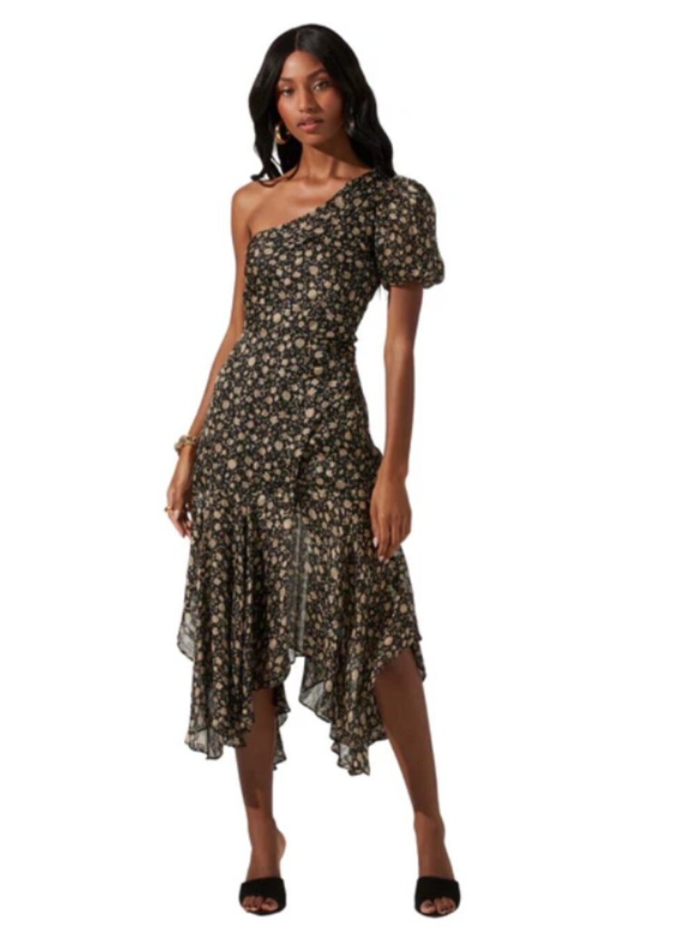 *ASTR The Label Santorini One Shoulder Floral Midi Dress Black Taupe M